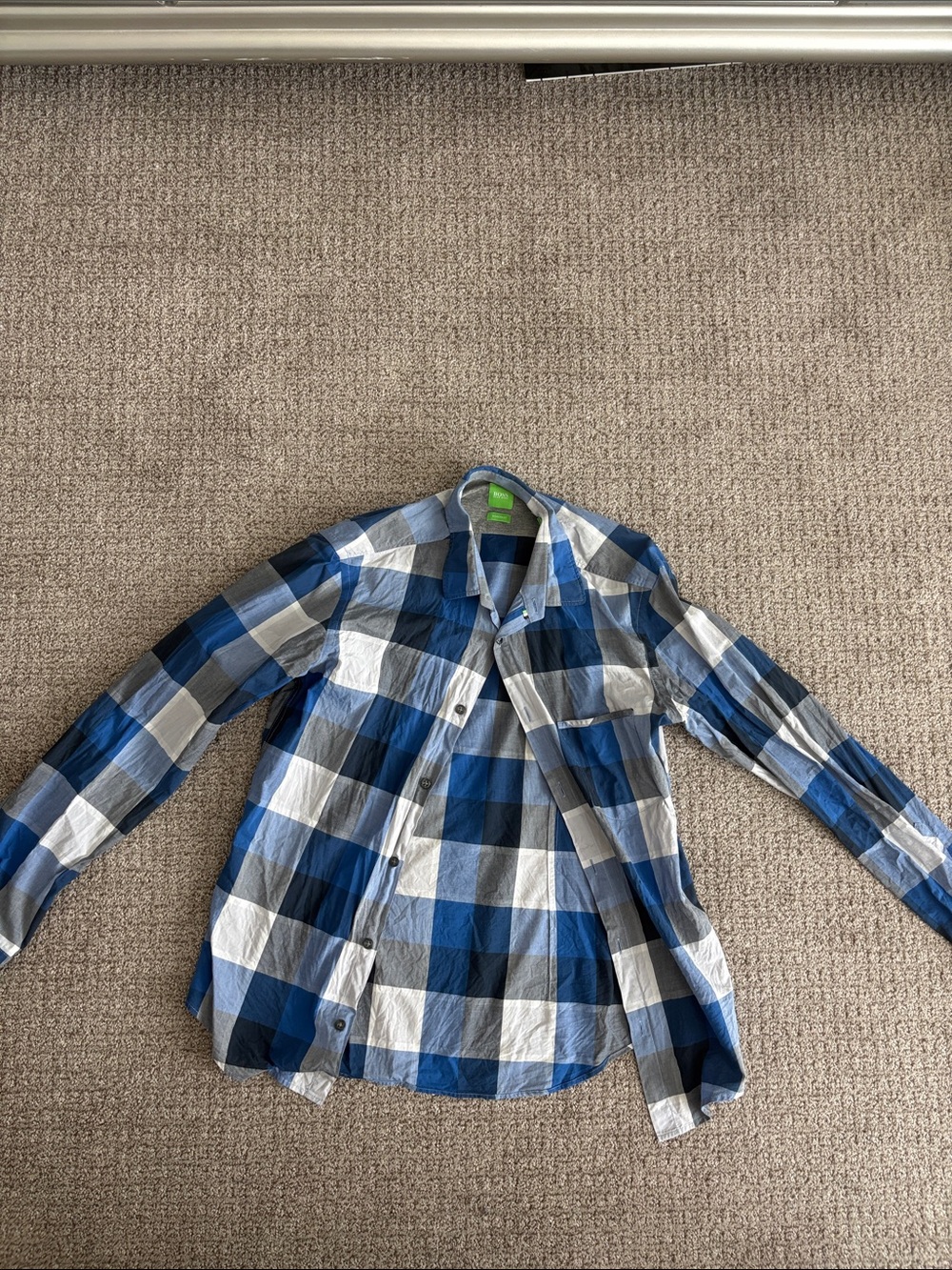 Hugo Boss Blue and White Plaid Long-Sleeve Button-Down Shirt